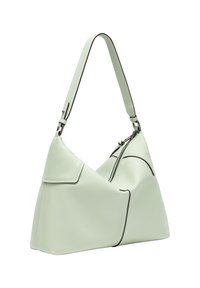 Borsa a spalla verde chiaro in pelle liscia, con chiusura a zip, piping neri a contrasto e una forma triangolare strutturata.