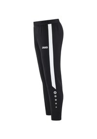 Pantalons de sport noirs avec une bande latérale blanche, dotés d'un logo et d'accents en boutons sur le bas de la jambe ; fabriqués à partir d'un matériau doux et extensible.