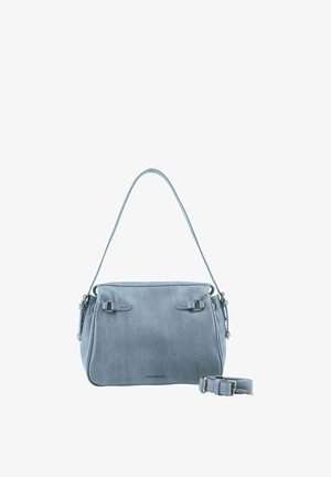 Sac à bandoulière en cuir bleu clair avec une sangle réglable et des boucles métalliques, surface légèrement texturée et forme rectangulaire compacte.