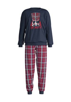 Marineblaue Sweatshirt mit einem grafischen Design, das einen Totenkopf und den Text "I'M NUTS" zeigt. Rote Karohosen mit weißen und blauen Linien.