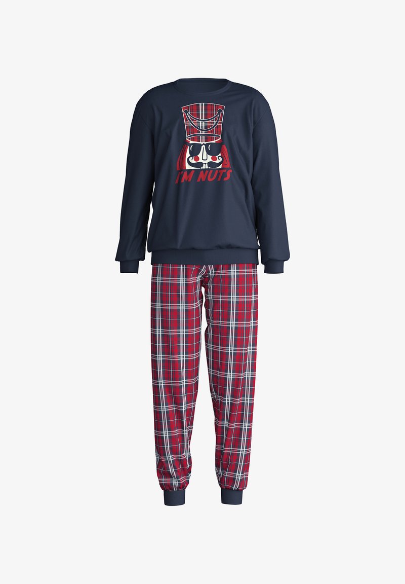 Navy sweatshirt with a graphic design featuring a skull and the text "I'M NUTS." Red plaid pajama pants with white and blue lines.