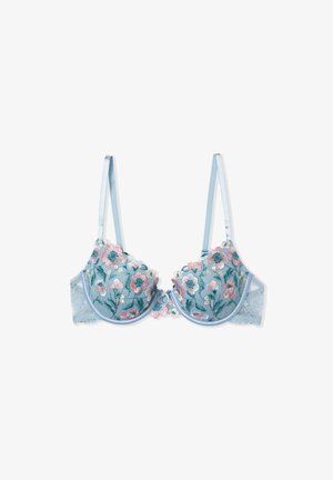 Soutien-gorge bleu clair avec broderie florale en rose et blanc, bordure à volants et dos en dentelle, comprenant des bretelles en satin réglables et une fermeture à crochet.