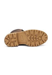 Stivale in pelle marrone con suola in gomma resistente dotata di battistrada profondo per trazione, una cerniera laterale e un design robusto.