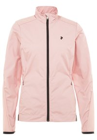 Hellrosa, leichte Jacke mit Stehkragen, schwarzem Reißverschluss und Logo auf der linken Brustseite. Mit Reißverschlusstaschen an den Seiten.