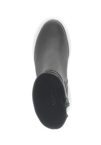 Zwarte leren enkellaars met een afgeronde neus, een gladde textuur, een ritssluiting aan de zijkant en een ontwerp met minimale accenten.