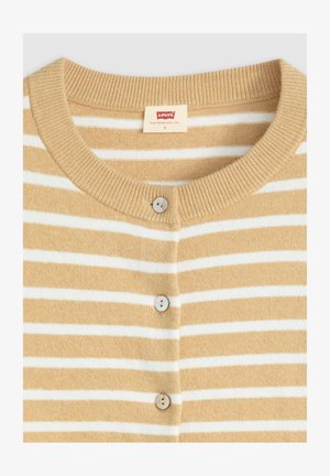 Cárdigan de punto a rayas beige y blanco con cuello redondo y tres botones, etiqueta de la marca Levi's visible en el interior del cuello.