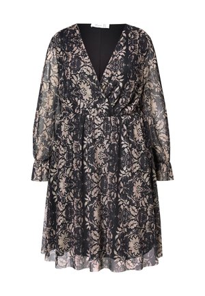 Mustassa ja vaaleanpunaisessa kukkakuosisessa mekossa on läpikuultava materiaali, syvä V-kaula-aukko, pitkät hihat kerääntyneillä hihoilla, elastinen vyötärö ja virtaava A-linjainen muoto.