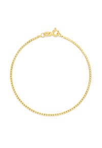 Gold chain bracelet featuring a square link design, with a lobster claw clasp. Smooth texture and shiny finish.