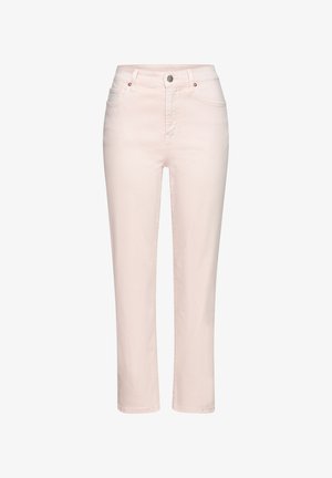 Heledad roosa teksapüksid sirge jalaga, viie tasku stiil, nööbiga kinnitamine ning peened õmbluse detailid.