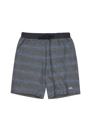 Men's swim trunks in blue and gray with a textured pattern. Features an elastic waistband, drawstring, and side pockets. Quiksilver logo present.