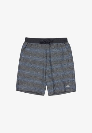 Shorts de bain pour hommes en bleu et gris avec un motif texturé. Comprend une taille élastique, un cordon de serrage et des poches latérales. Logo Quiksilver présent.