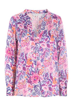 Blomstret bluse med livlige nuancer af pink, lilla og orange. Fremstillet af letvægtigt stof med V-hals og lange ærmer, der viser et detaljeret blomstermønster.