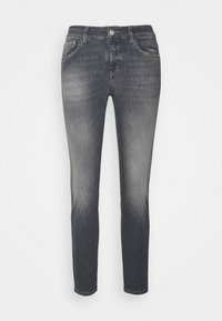 Ciemnoszare dżinsy slim fit z wyblakłym wykończeniem, pięcioma kieszeniami i zapięciem na guziki, zaprezentowane na białym tle.