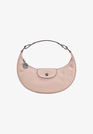 Pink leather handbag with a curved shape, a front flap secured by a snap button, and a silver-tone hardware accent.