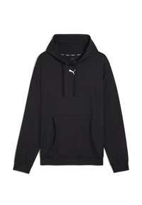 Sort hætte sweatshirt lavet af blødt stof, med en frontlomme, snore og et hvidt logo på brystet. Enkel, afslappet design.