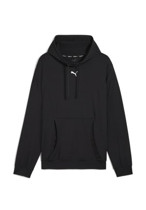 Sort hætte sweatshirt lavet af blødt stof, med en frontlomme, snore og et hvidt logo på brystet. Enkel, afslappet design.