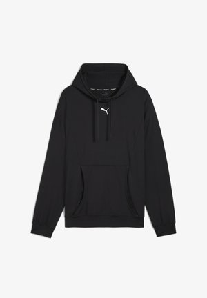 Čierna mikina s kapucňou vyrobená z mäkkej tkaniny, so predným vreckom, šnúrkami na stiahnutie a bielym logom na hrudi. Jednoduchý, uvoľnený dizajn.