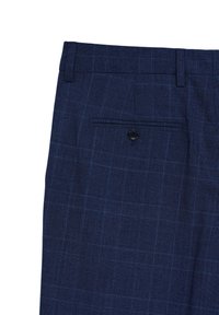 Marineblau karierte Hose aus glattem Material, mit einer hinteren Tasche mit einem einzelnen schwarzen Knopf und einem flachen Vorderdesign.