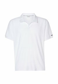 Polo shirt bianco con colletto classico, maniche corte e design semplice. Realizzato in tessuto liscio con un leggero lucido.