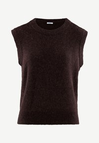 Gilet sans manches marron foncé en tricot doux et texturé. Doté d'un col rond et d'un ourlet côtelé. Design minimaliste avec des coutures d'épaule tombantes.