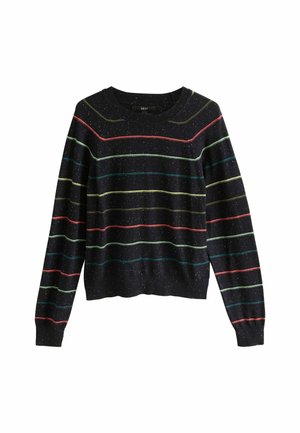Pulover negru cu dungi orizontale multicolore în roșu, verde și albastru. Are un guler rotund și manșete cu textură ribbită. Material moale și texturat.