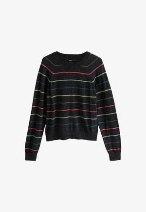 Sort sweater med multikolor horisontale striber i rød, grøn og blå. Har en rund halsudskæring og ribbede manchetter. Blødt, tekstureret stof.