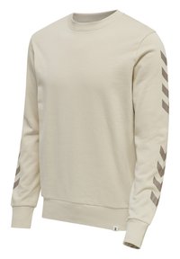 Felpa beige con maniche lunghe, colletto rotondo, polsini a costine e un motivo testurizzato di accenti a zigzag marrone scuro sulle maniche.