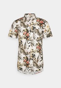 Korte mouwen overhemd in crème met een tropisch bloemenpatroon. Bevat groene bladeren en roze bloemen, knoopsluiting aan de voorkant en een kraag.