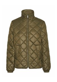 Chaqueta acolchada verde oliva con alto cuello y cremallera frontal. Presenta patrones de diamante y puños elasticados para un ajuste ceñido.