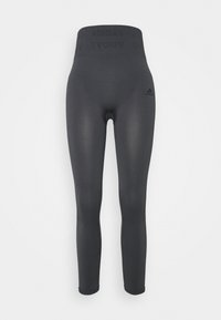 Czarne legginsy wykonane z elastycznego materiału, charakteryzujące się gładką fakturą oraz wysokim stanem z subtelnym logo marki z boku.