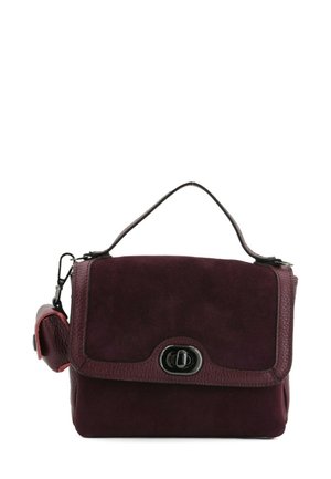 Borsa a tracolla viola in suede con base in pelle testurizzata, chiusura a patta e manico superiore. Presenta una tasca laterale con dettaglio a scatto.