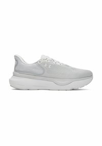 Light gray athletic shoes with a mesh upper, padded collar, and tonal white midsole. Features lace closure and textured accents.