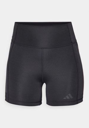 Svart atletiske shorts med høy midje, glatt tekstur, flate sømmer og subtil logo-detalj på nederste side.