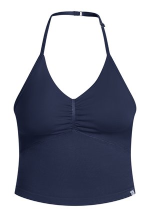 Top bikini halter blu navy con scollatura a V, centro arricciato e texture liscia e solida. Spallina regolabile e dettagli laterali presenti.