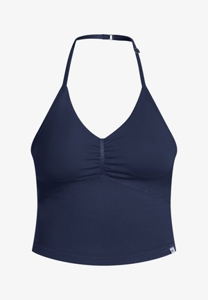 Top de bikini estilo halter en azul marino con cuello en V, centro fruncido y textura lisa sólida. Presenta tirantes ajustables en el cuello y detalles laterales.