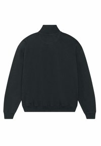 Sweat-shirt noir avec un col montant, des manches longues, des poignets et un ourlet côtelés. Texture lisse et design minimaliste sans logos visibles.