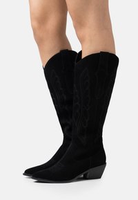 Botas de vaquero de ante negro con punteras puntiagudas, costuras decorativas y bordes curvados. Tacones bajos y acentos de superficie texturada.
