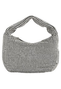 Black and silver handbag with a rounded shape, covered in shiny rhinestones, featuring a thick handle and a zip closure.