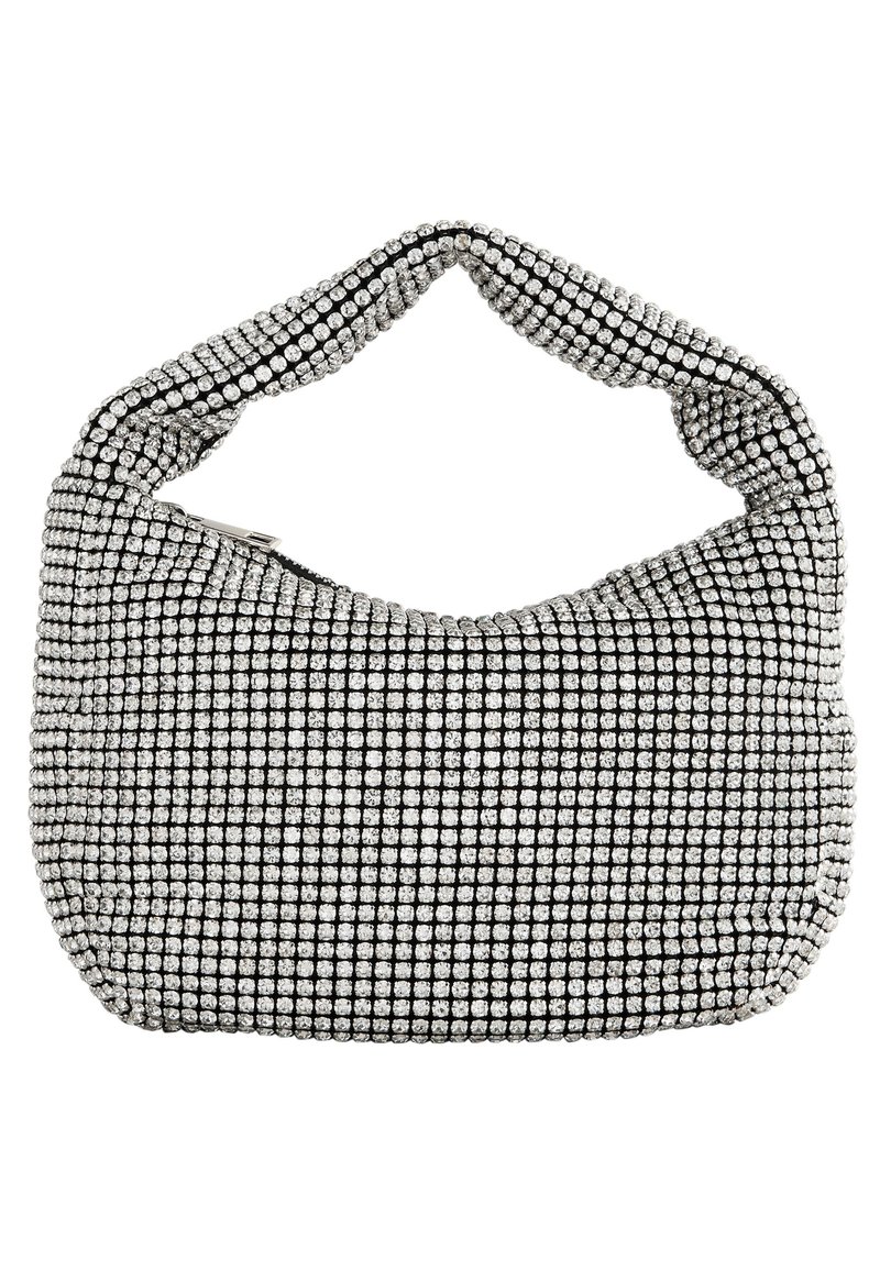 Black and silver handbag with a rounded shape, covered in shiny rhinestones, featuring a thick handle and a zip closure.