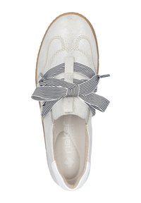 White glittery sneaker with black and white striped laces, rounded toe, and soft insole. Features a light brown rubber outsole.