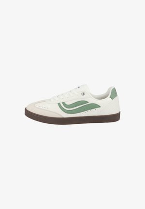 White sneaker with green accents, smooth synthetic upper, textured brown rubber sole, and lace-up design featuring perforated details.