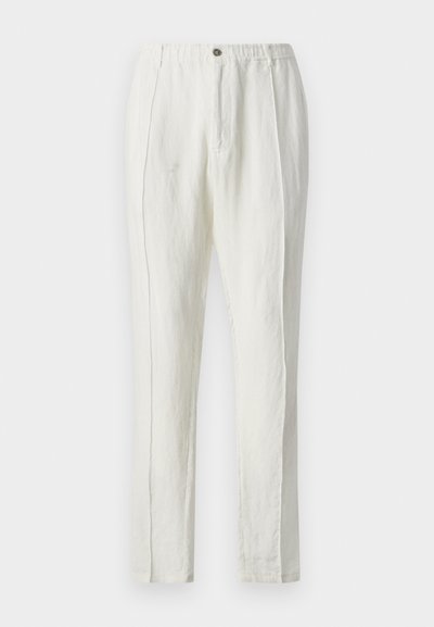 Bela lanena hlače s sproščenim krojem, ki vključujejo pas z vrvico, dva sprednja plisa in ravne noge. Gladka tekstura in minimalističen dizajn.
