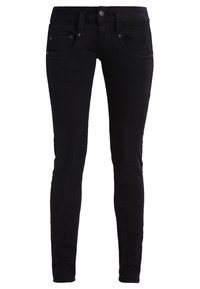 Jeans skinny neri in denim, caratterizzati da un classico design a cinque tasche, chiusura con bottone anteriore e una texture liscia e opaca.