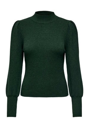 Pull en maille côtelée vert foncé avec un col montant, un corsage ajusté et des manches longues avec des détails légèrement bouffants aux épaules.