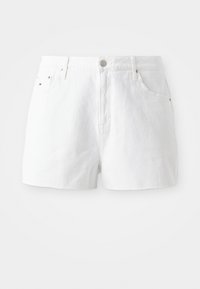 Hvite denimshorts med høy midje, frontlukking med knapp og to frontlommer. Glatt tekstur og rent design uten mønstre.