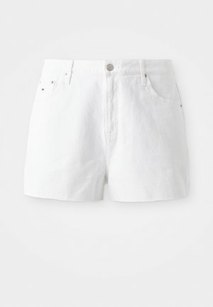 Hvite denimshorts med høy midje, frontlukking med knapp og to frontlommer. Glatt tekstur og rent design uten mønstre.