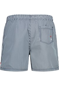 Herren-Badehosen mit einem navy-blauen und weißen Streifenmuster, elastischem Bund und einer Gesäßtasche mit einem kleinen Logodetail.