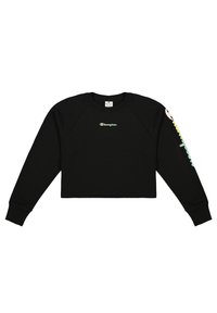 Sweatshirt corto nero con maniche raglan. Presenta il logo "Champion" ricamato in un gradiente pastello sulla parte anteriore e accenti colorati sulle maniche.