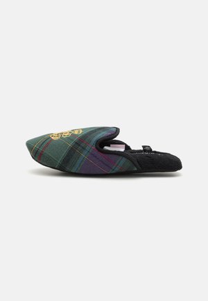 Slip-on tøfler med grønt, lilla og sort tartanmønster, guldbroderi foran og sort blødt for.