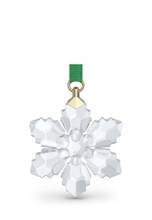 Klares facettiertes Kristallschneeflocken-Ornament mit sechs Spitzen und grünem Band zum Aufhängen.